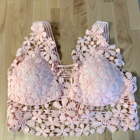 PEACHY PINK GUIPURE LACE CROCHET LONGLINE BRALETTE - Picture 6 of 15